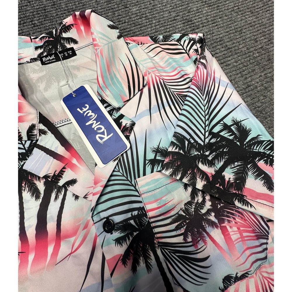 ROMWE Shirt Mens Small Multicolor Palm Tree Tropical Short Sleeve Button Front